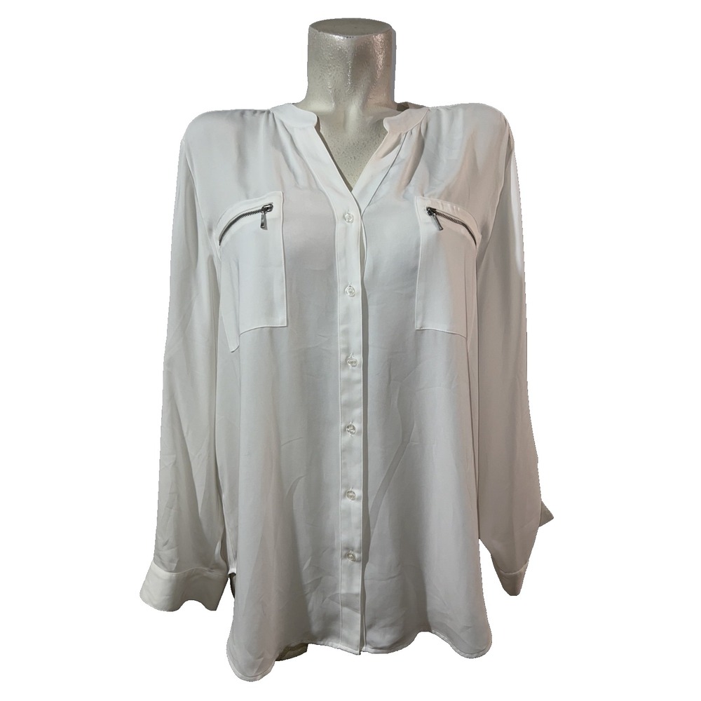 Chicos Ivory Button Up Roll Tab Sleeve Blouse Sz (3) XL Zipper Pocket Solid Top